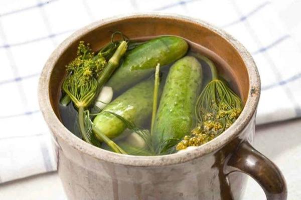 Maanghang na bahagyang inasnan na mga pipino sa isang kawali na may mainit na brine